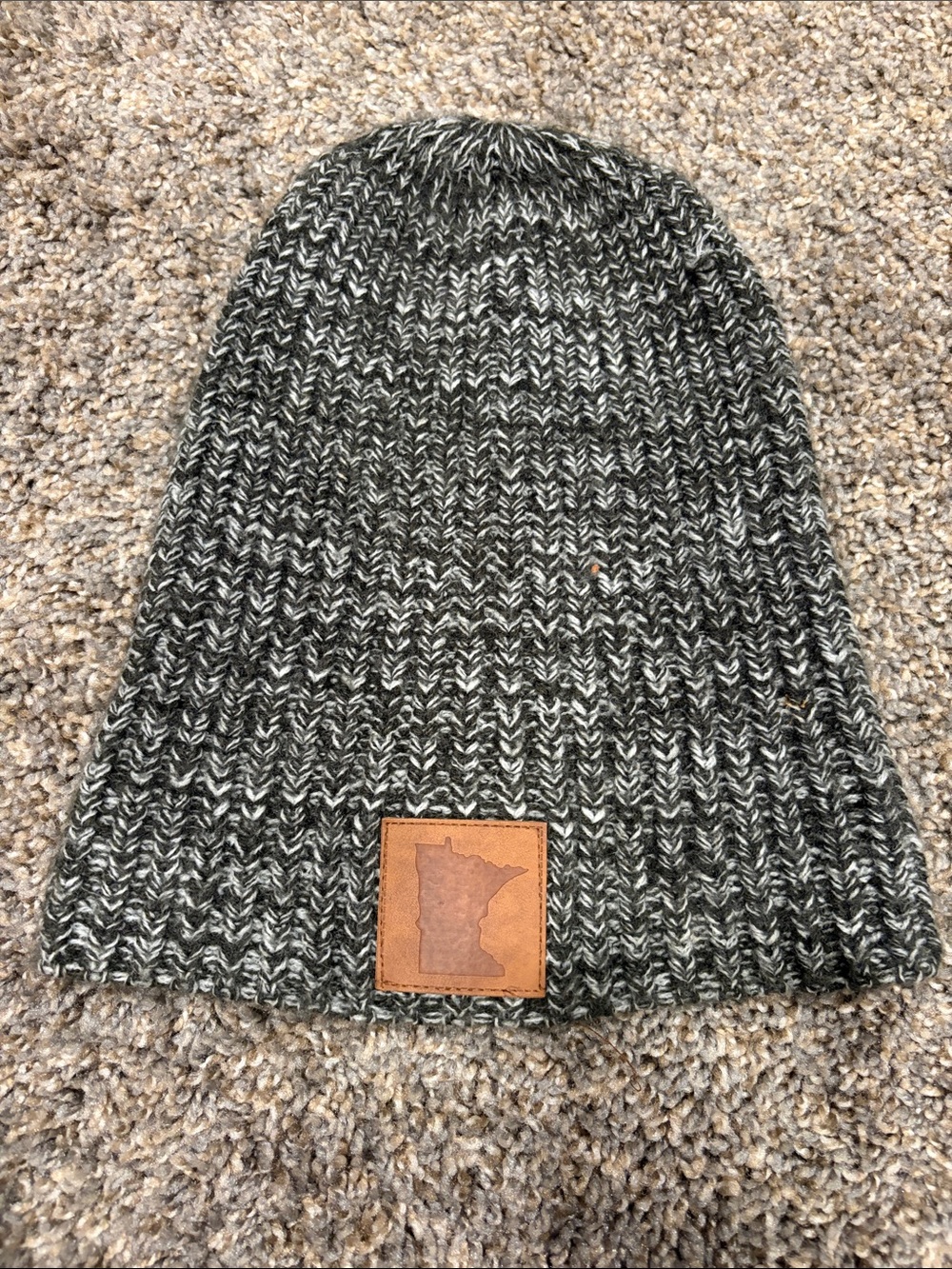 Marled Black & White Knit Beanie with Leather Patch